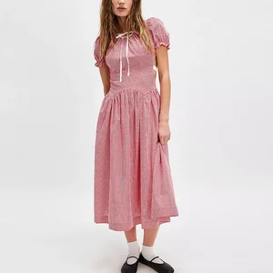 Manufacturer One Stop Custom Cutout Design Women Plaid Cotton Casual Dresses Short Sleeve Ladies Backless Tie Back Midi Dress