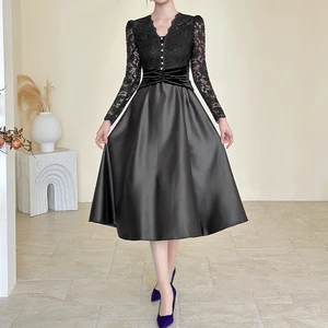 ZYHT 45327 Black Lace Satin Midi Dress with Long Sheer Sleeves Velvet Waist Band Ladies Dress Pearl Buttons Flared A-Line Dress