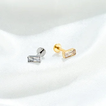 G23 Titanium Labret Piercing 6/8/10mm Internally Thread Rectangle CZ Stone Lip Rings Helix Tragus Stud Earring Lobe Body Jewelry