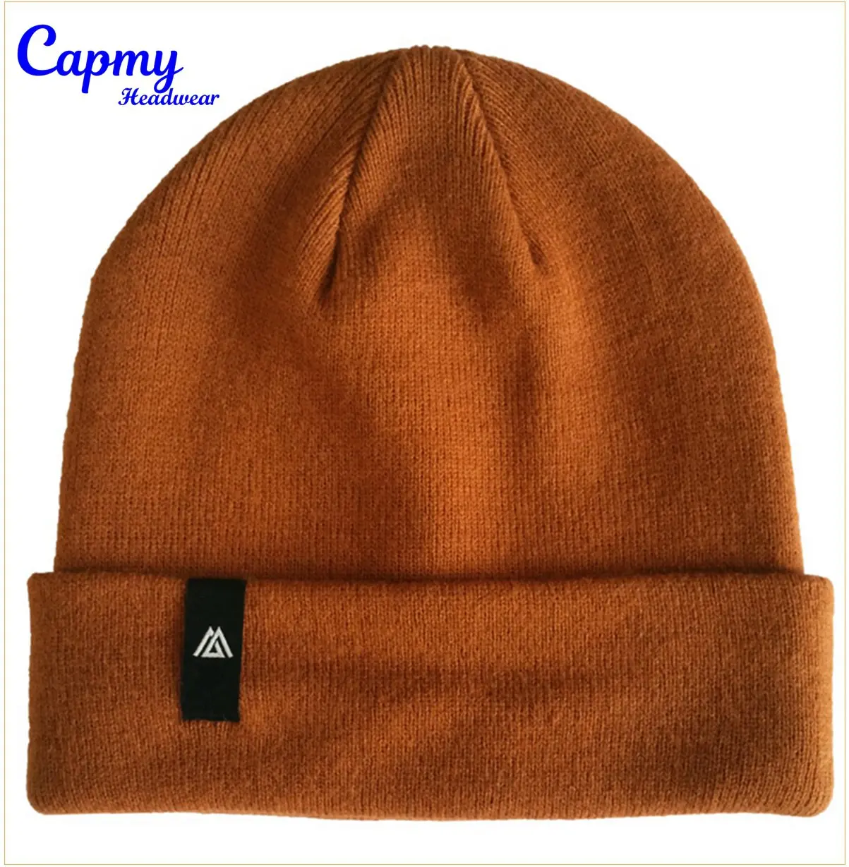 beanie with brown label