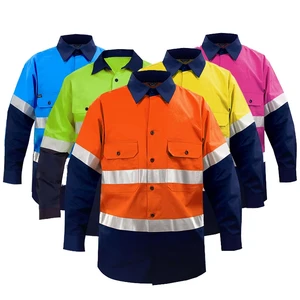 Cotton Construction Mining Uniform Long Sleeve Workwear Custom Logo Reflective Safety Clothes Hi Vis Men Work Shirt with Stripes