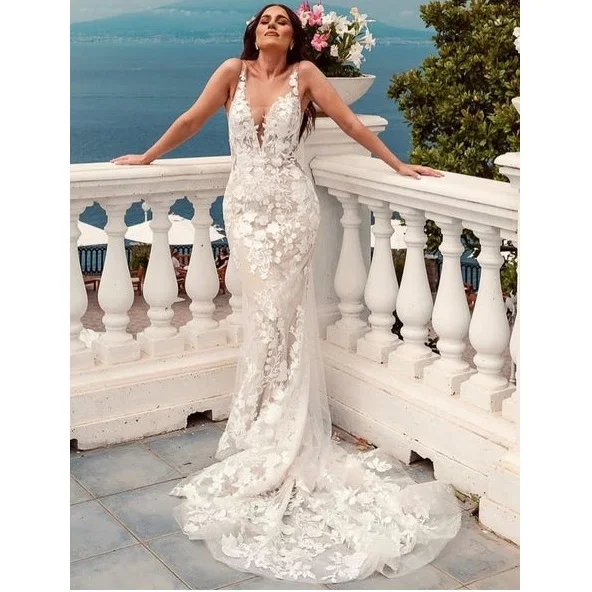 Custom Made Plus Size/Color Floral Lace Wedding Dresses With V-neckline Vestido De Boda Luxury Bridal Gowns