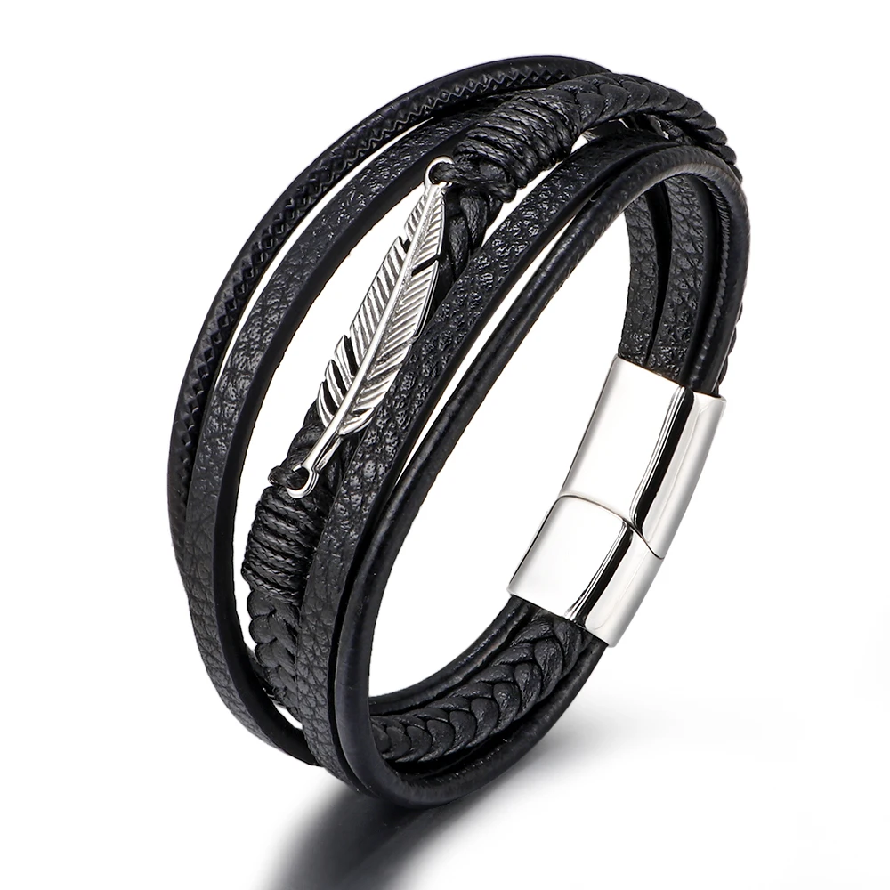 European And American Stainless Steel Feather Bracelet Men's Multi