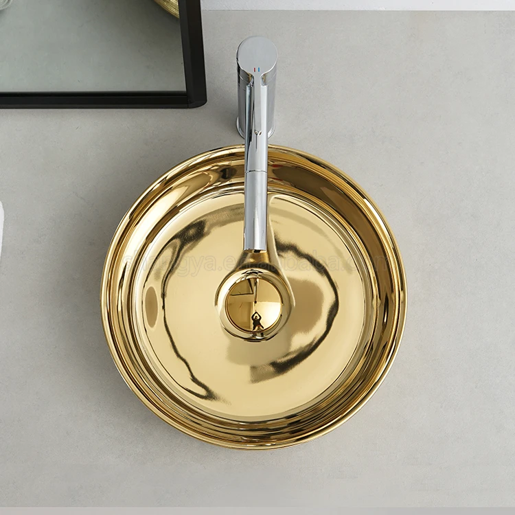 Round golden plated luxury ceramic sanitary wares table counter top washbasin bathroom sink art basin gold face hand wash basin details