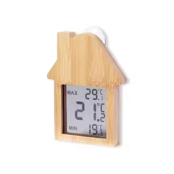 Hot Sale Product Bamboo Made House Shape Transfer LCD Display Indoor Digital Thermometer Suck on Window Clock