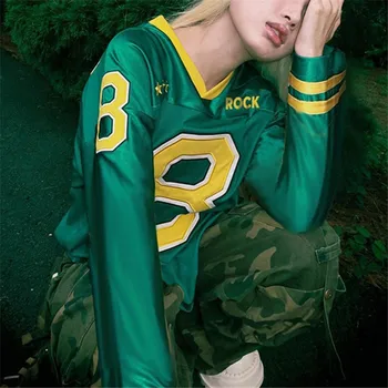 Alternative view of Letter Print Green Short Sleeve Casual Loose Football Jersey T Shirt Women Contrast Patchwork V Neck Stripe Summer Long Tees