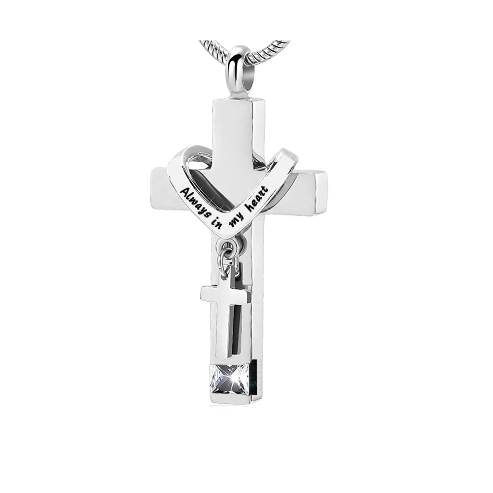 Cross With Birthstone Urn Necklaces for Ashes Stainless Steel Memorial Cremation Pendant Jewelry Keepsake for Human or Pet Gift