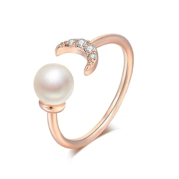 2020 New Small MOQ Vintage Dainty Stackable Faux Pearl Crescent Moon Open Ring for Women R895-M