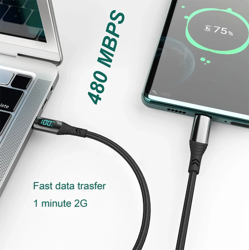PD 100W 66W Nylon Braided USB-Type C LED Display Charger Data Cable 5A Fast Charging PVC Jacket USB C Phone Fast Charging Cable