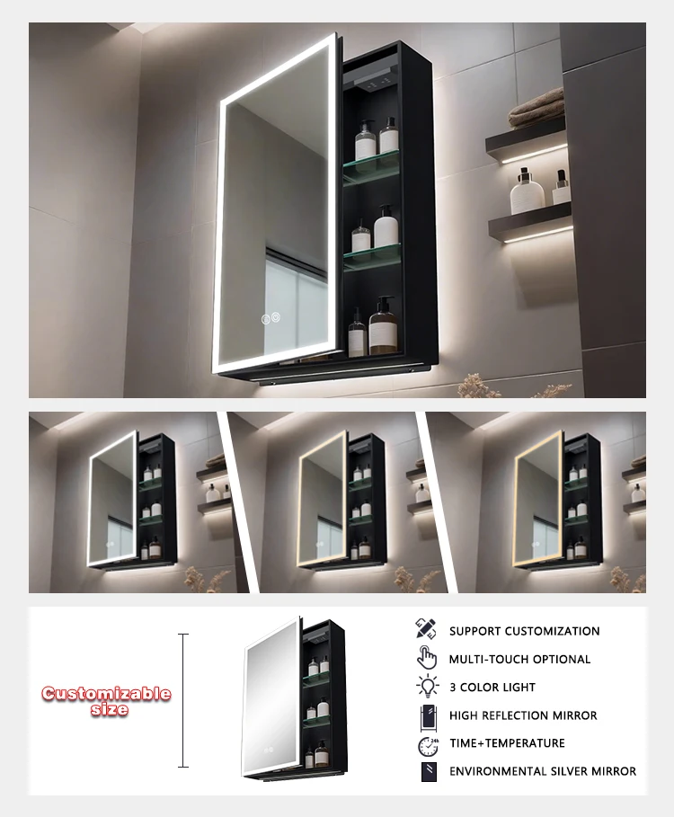 product hot selling modern design bathroom storage led mirror cabinet with mirror aluminum alloy led medicine cabinet for hotel-4
