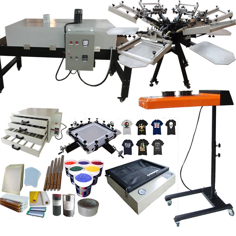 Full Set of 6 Color Large Format Screen Printing Machine and Long Tunnel Dryer Manual Screen Printer With All Kits