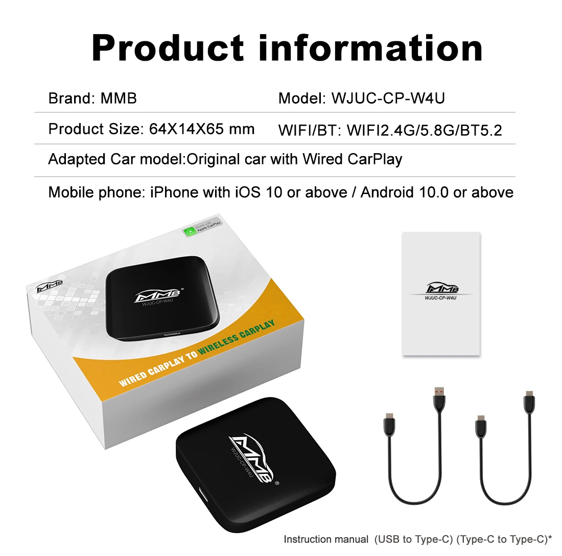 2024 Wireless Android Auto & CarPlay Adapter - USB-C & USB-A, Plug & Play, For OEM Wired Systems, Auto Connect