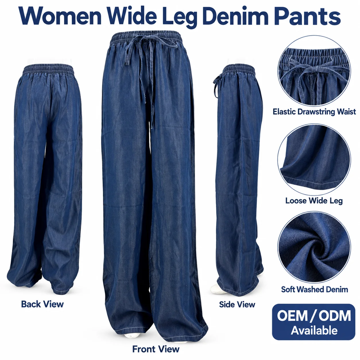Vintage Blue High-Waisted Breathable Casual Women's Wide Leg Denim Elastic Waist Drawstring Pants Women's Pants Women's Jeans