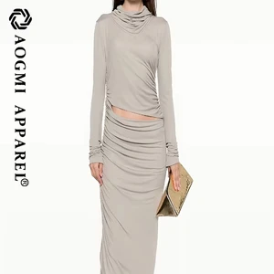 Haute Couture Fashion Ladies Yujie Wind Hollow Long Sleeve Maxi Sheath Satin Cowl Neck Dress Waist Hip Skirt