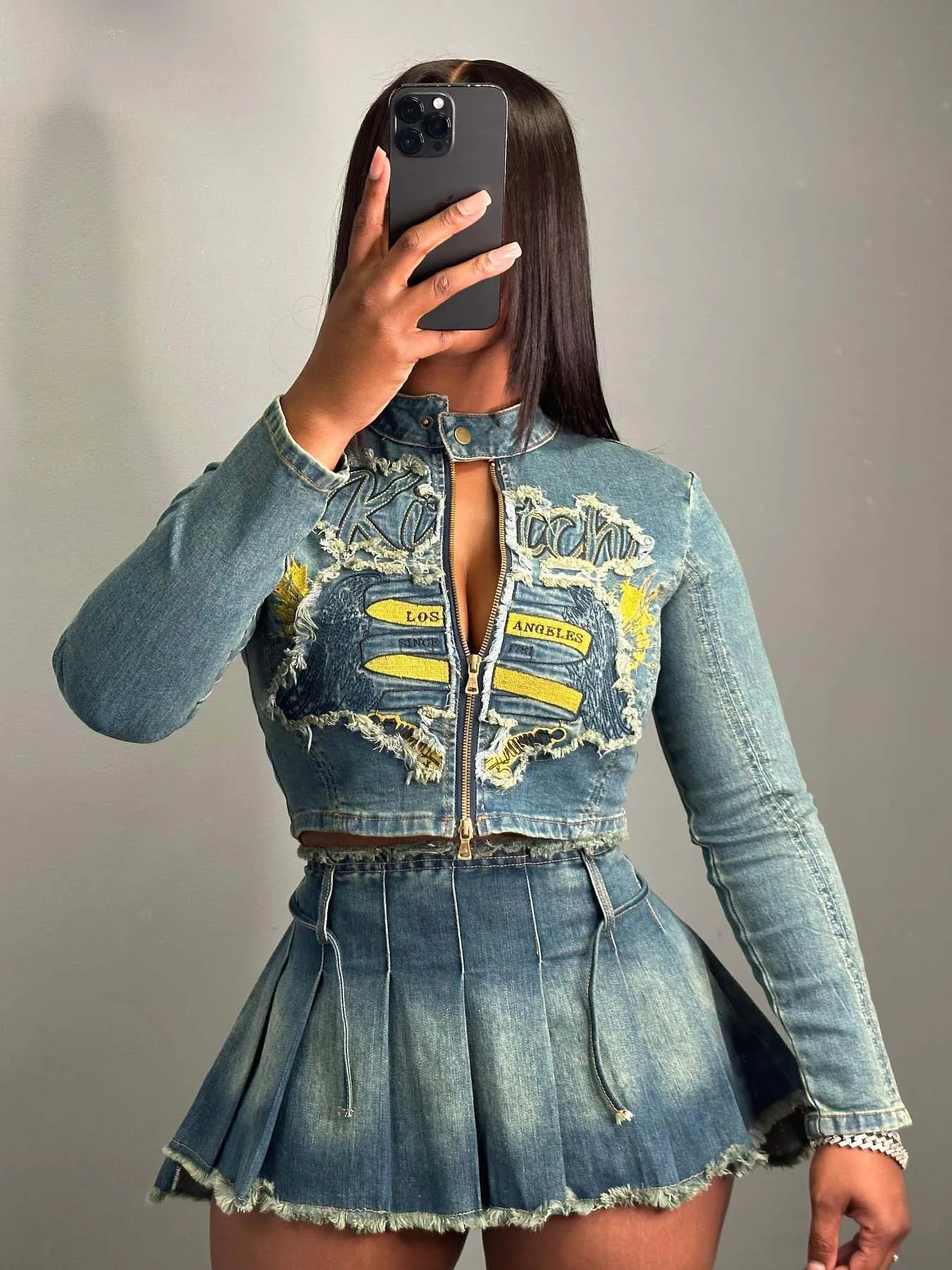 Fashion 2025 Clothing Women Boutique Casual Women Denim Outfit Long Sleeve Embroidery Jacket and Mini Skirt 2 Piece Set details