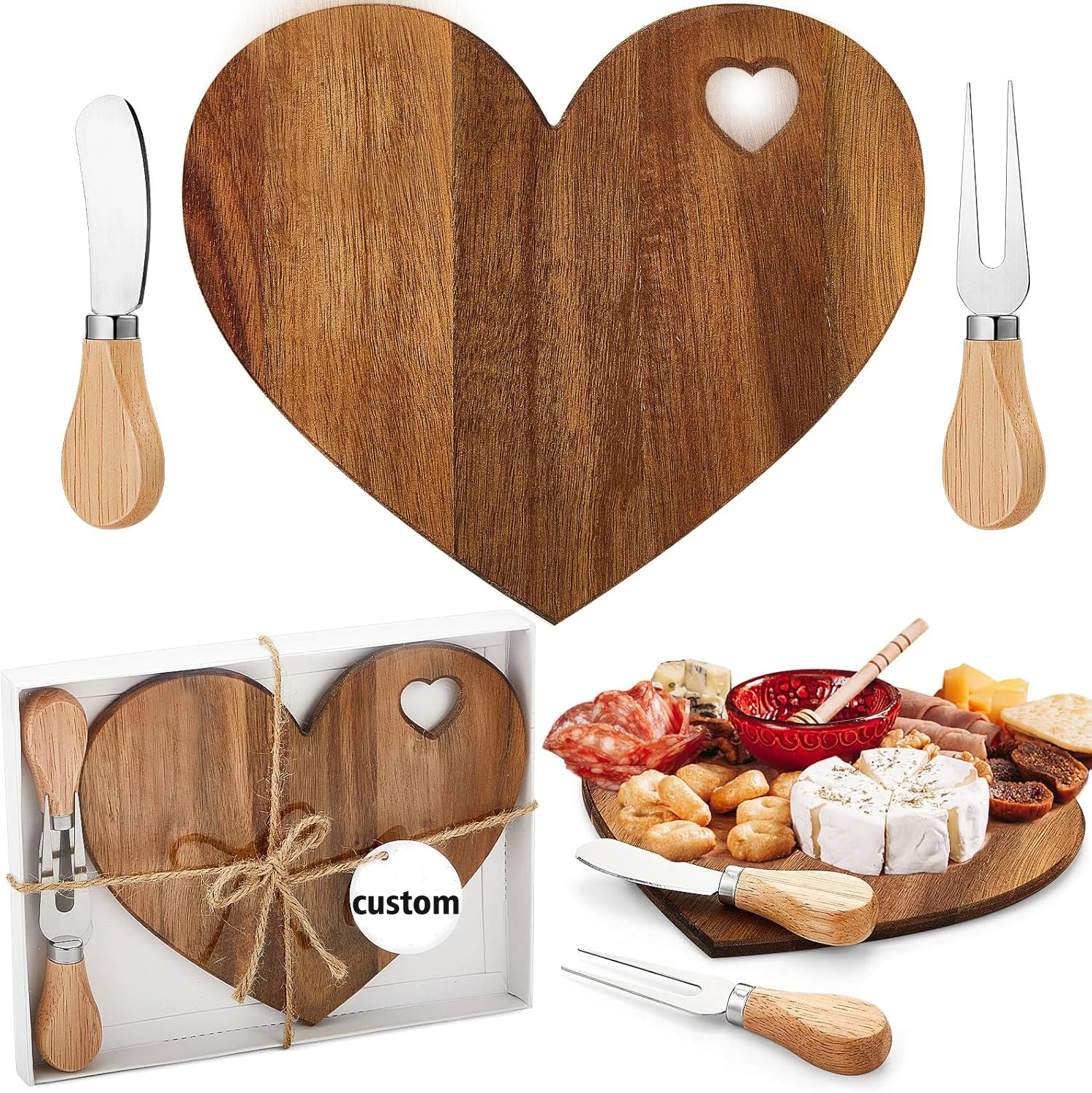 Valentines Day Gifts Wholesale Bridal Shower Favor Acacia Wood Mini Charcuterie Board Cutting Wooden Heart Shaped Cheese Board