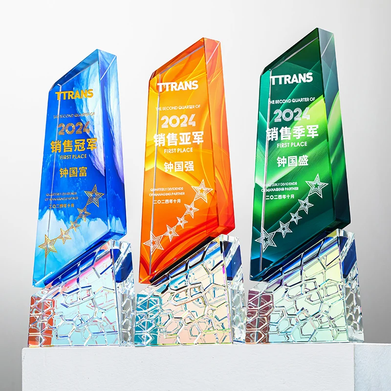 Wholesale Customization Color Crystal Glass Trophy High Quality Sublimation Blank Crystal Trophy Award With Base And Gift Box