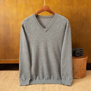 Customizable 100% Cashmere V-Neck Men's Business Cardigan Thin Winter Autumn Knitted Sweater with Printed Pattern Decoration