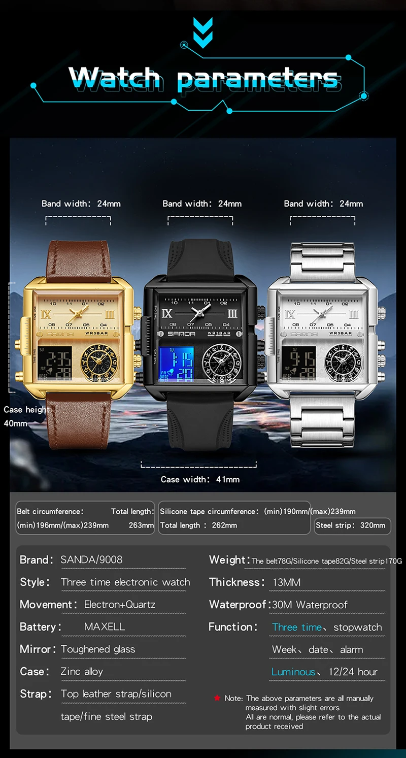 Sanda 9008 Multifunctional Luminous Waterproof Watch For Men