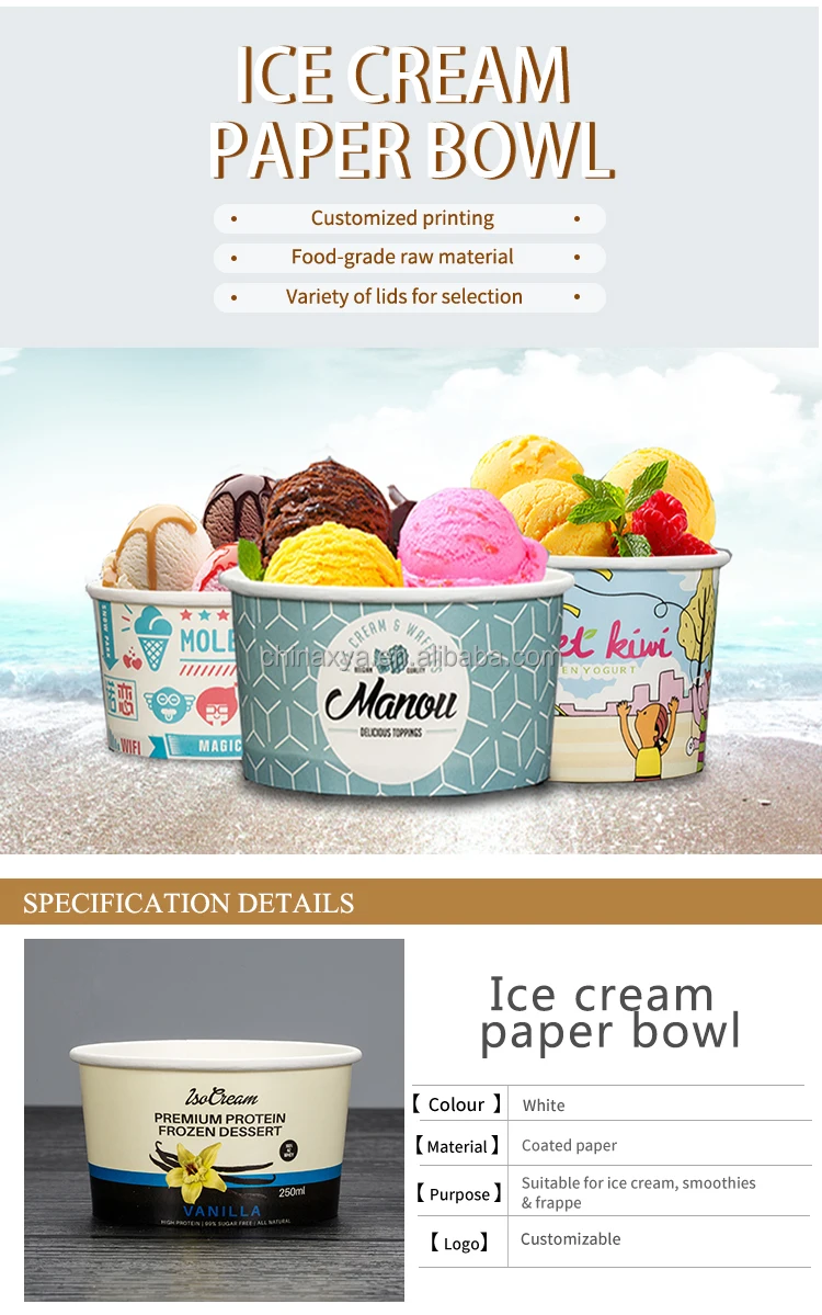 Wholesale biodegradable paper ice cream cup custom pint 500ml 16 oz ice cream container with dome lid spoon details