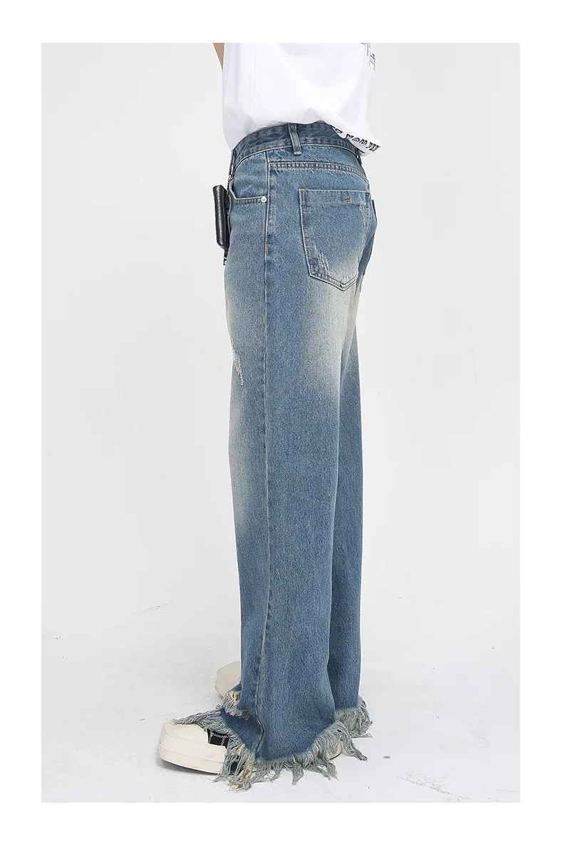 Custom Men 2023 Spring Ins Style Raw Edge Hole Ripped Bottom Loose Straight Jeans Male Boys Fashion Jeans Pant Design