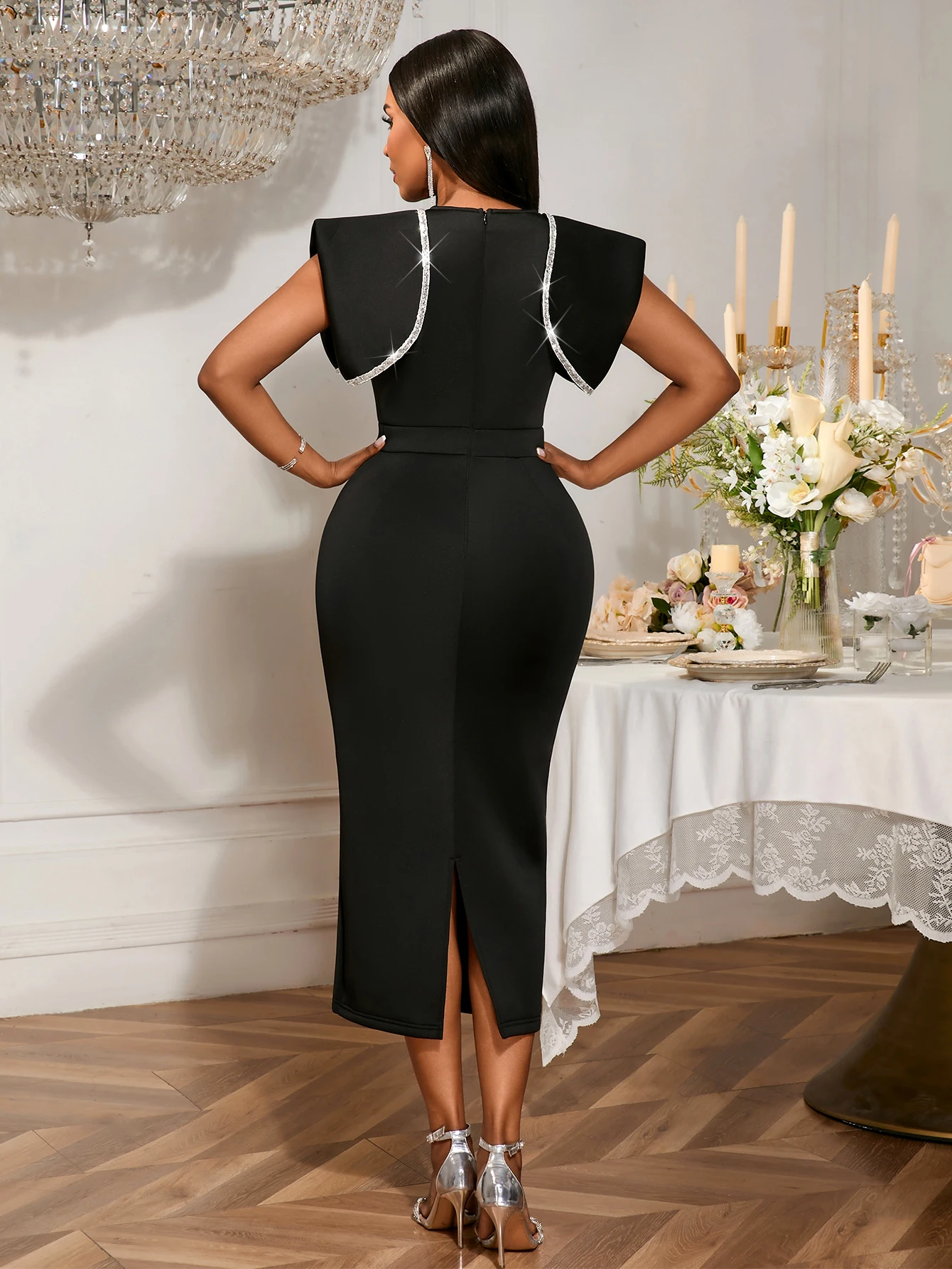 AM050717 Round Neck Cap Sleeve Formal Office Dress Vintage Black Women's  Business Social Events Career Dresses
