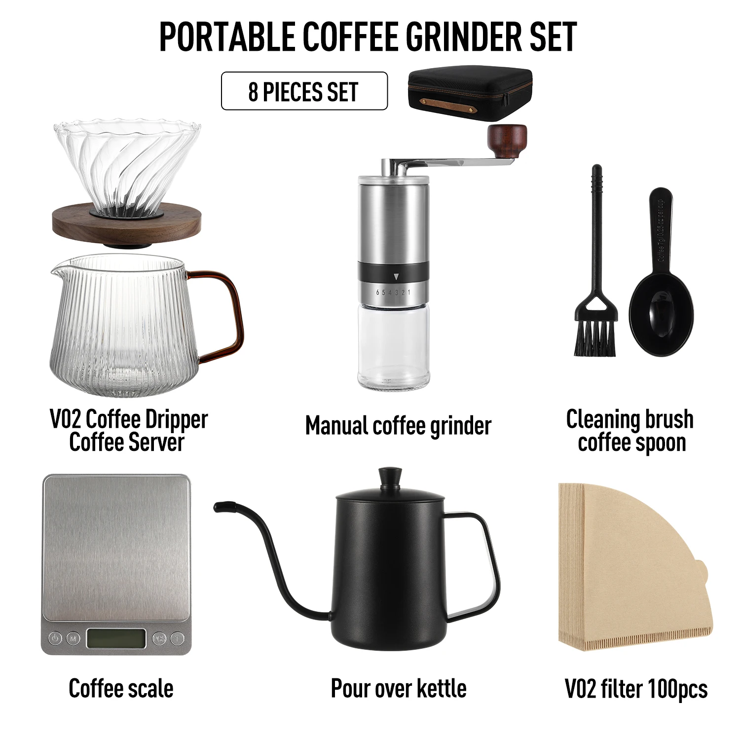 8pcs Pour Over Coffee Maker Set with Gift Box, Portable Travel