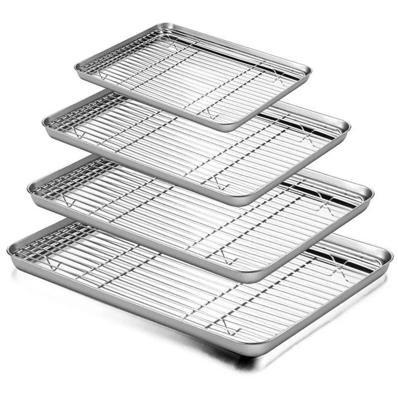 1set Stainless Steel Flat Baking Tray With Grid Rack And Draining