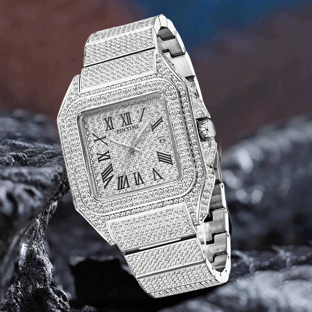 Luxury Rhinestone Unique Quartz Watch Mens Classic Golden Square Case Full Diamond Creative Fashion Waterproof Watch AAA Clock