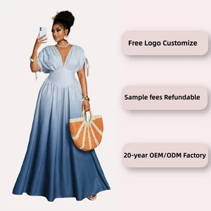 Women's Customizable Maxi Dress with Gradient Print Short Sleeve Drawstring Shoulder Detail V-Neck for Summer Vacation