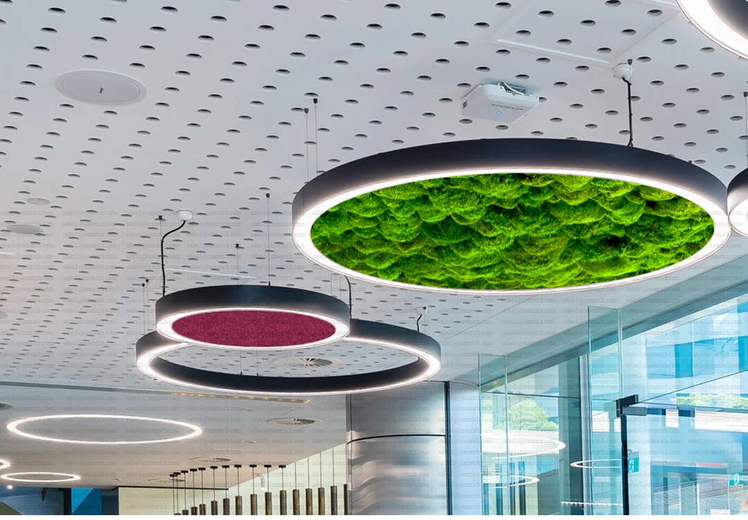 Green Moss Acoustic Ring LED Chandelier Pendant Noise Sound Absorbable Crystal Chandelier Middle Spaces Project Installation