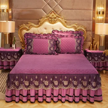 SP18 Luxury Bedspread Lace Embroidery Bed Skirts Mattress Cover Pillowcases European Royal Blue Velvet Bedding Set