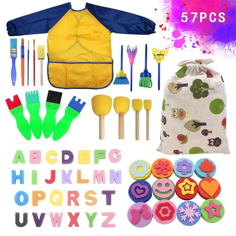 Paint Sponges for Kids 57 Pcs of Fun Brushes Toddlers Brush Flower Pattern Waterproof Apron Creative Tool Set