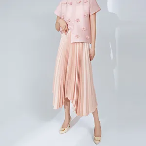 Women's Polyester Midi Skirt 2025 Summer New Draped Silhouette Chic Irregular A-line Medium-Length Pleated Skirt