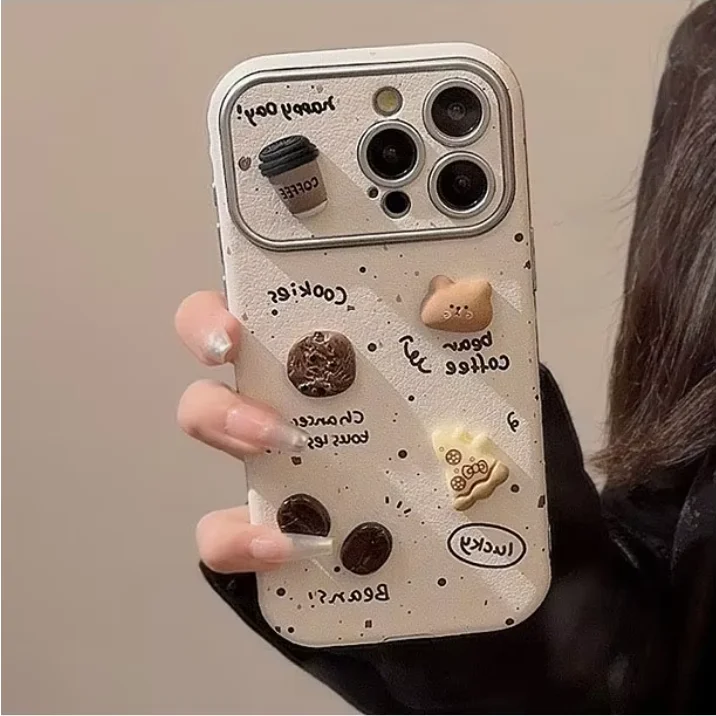 Splash-ink 3D Coffee Bear Handmade  Phone Cover Electroplated Frame Big Window Cell Phone Case for Iphone 16 15 14 13 12