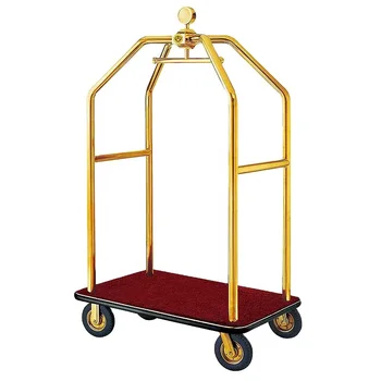 Hotel lobby four-wheel luggage trolley stainless steel small golden top load-bearing hotel flat top push airport luggage trolley