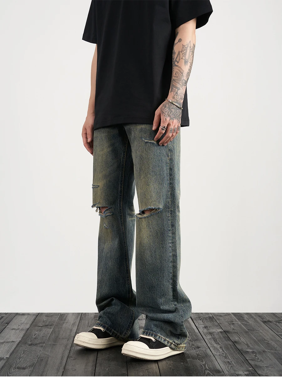 Etichetta personalizzata drop shipping street wear stock baggy produttore uomo blu dipinto impilato jeans denim svasati_voghion.com