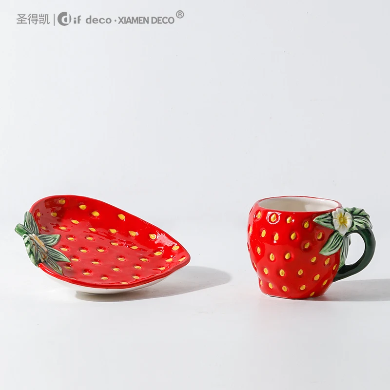 Ceramic Strawberry Shape Coffee Mug and Saucer Tea Cup Set for Afternoon Tea