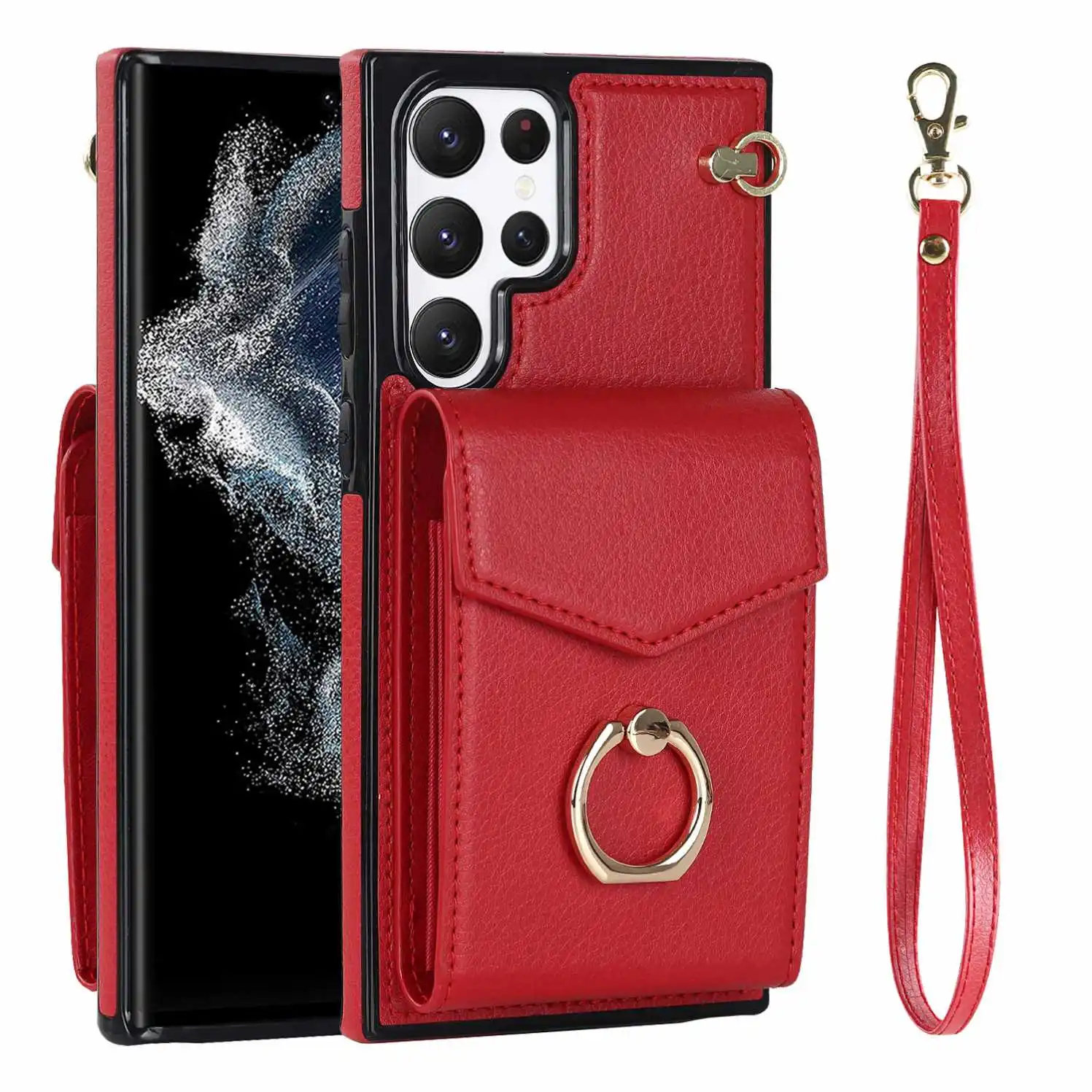 PU Leather Phone Case for Samsung S23 Card Wallet Case with Hand Strap