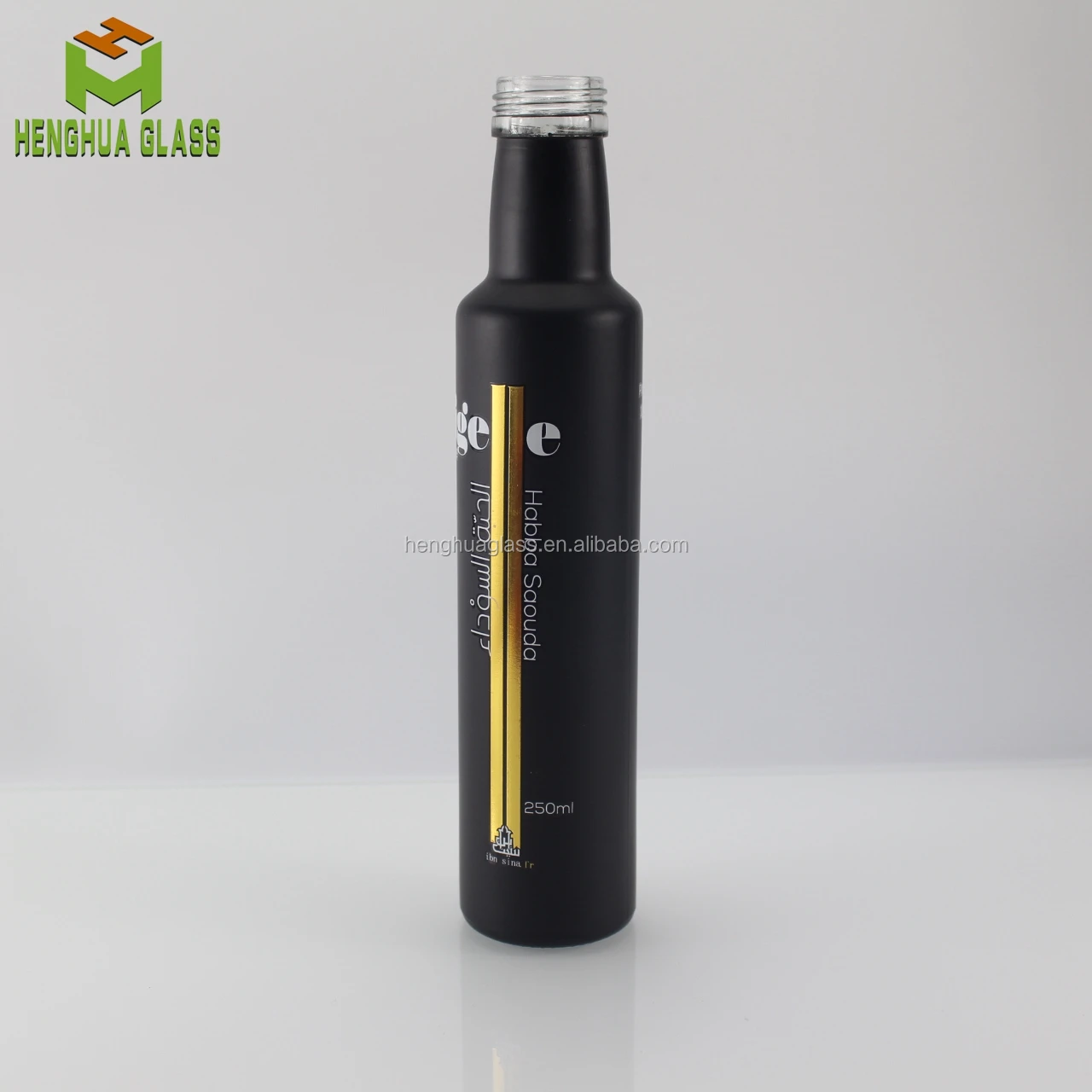 Custom logo 250ml Frosted Matt Black Olive Oil Glass Bottle 25cl Round Glass Cooking Oil Bottle with Black Plastic Cap