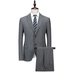 Premium Gray Striped Wool Men's Suits Slim England Wedding Groom Dress Business Suit Plus Pants Two Piece Set