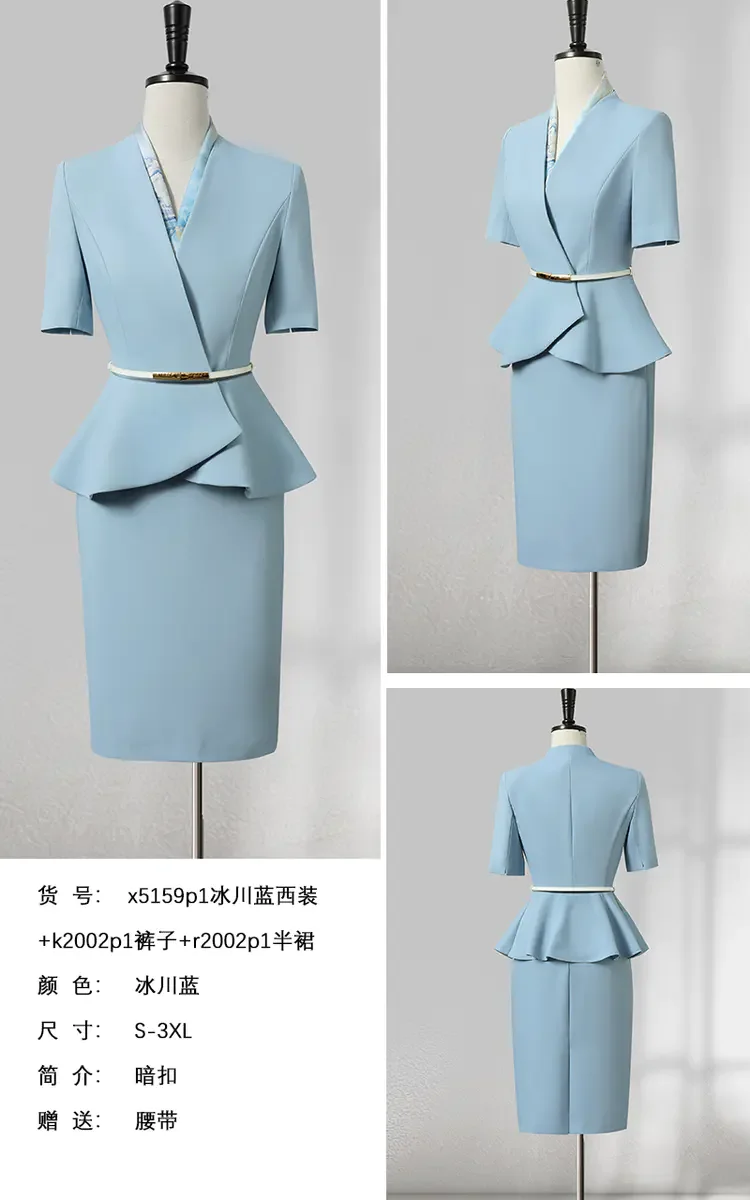 2024 New Summer Temperament Host Formal Beauty Salon Overalls Blue Short Sleeve Professional Suit Blazer Skirt Set For Women manufacture