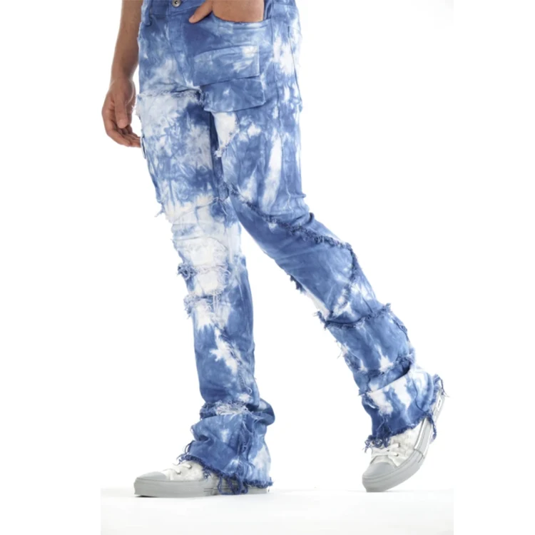 DiZNEW Custom Jeans Pants Tie Dye Distressed Slim Cargo Pants Wash Casual Zipper Plus Size Men's Jeans manufacture