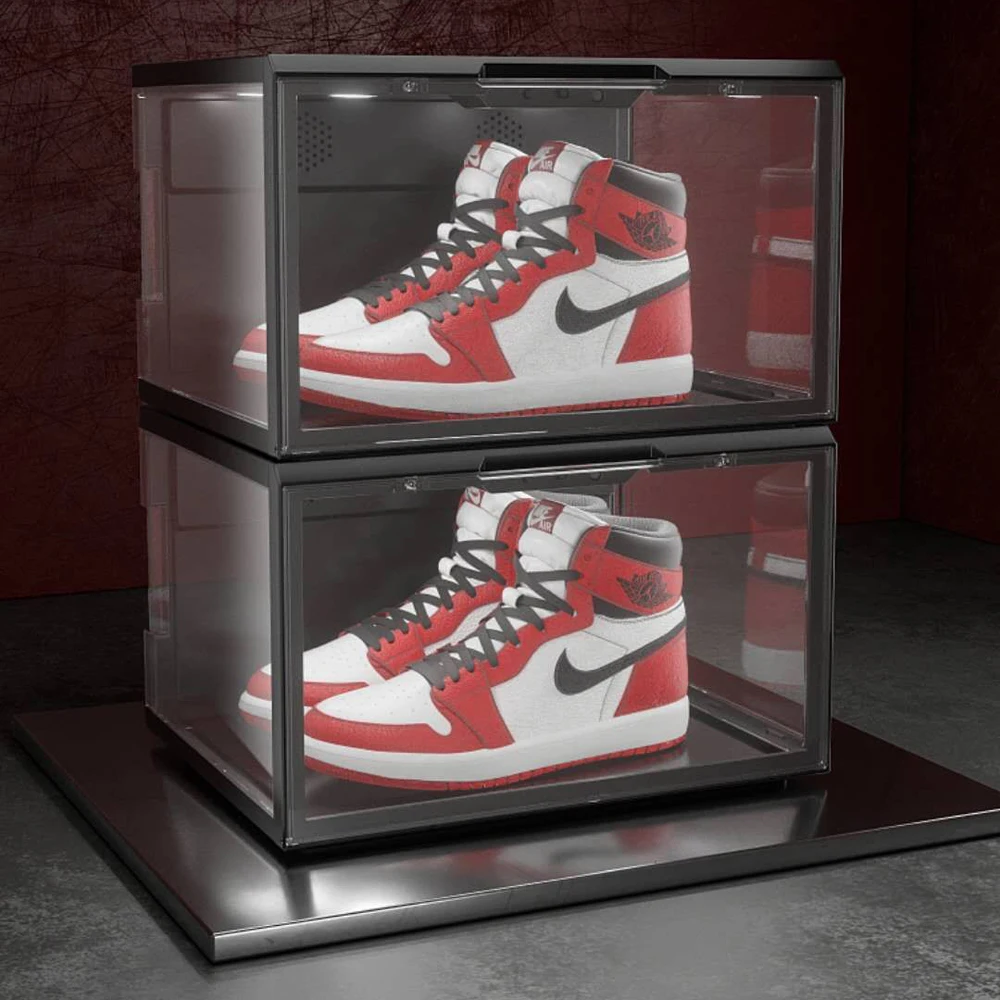 Voice Control Stackable Sneaker Storage Led Box Side Open Transparent Plastic Magnetic  clear Shoe Box with Led Light