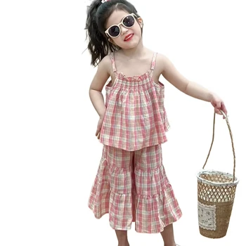 2025 Summer New Korean-style Baby Girl Clothing Set French Romantic Sweet Fresh Style Checked Bralette Wide-leg Pants Kids Set