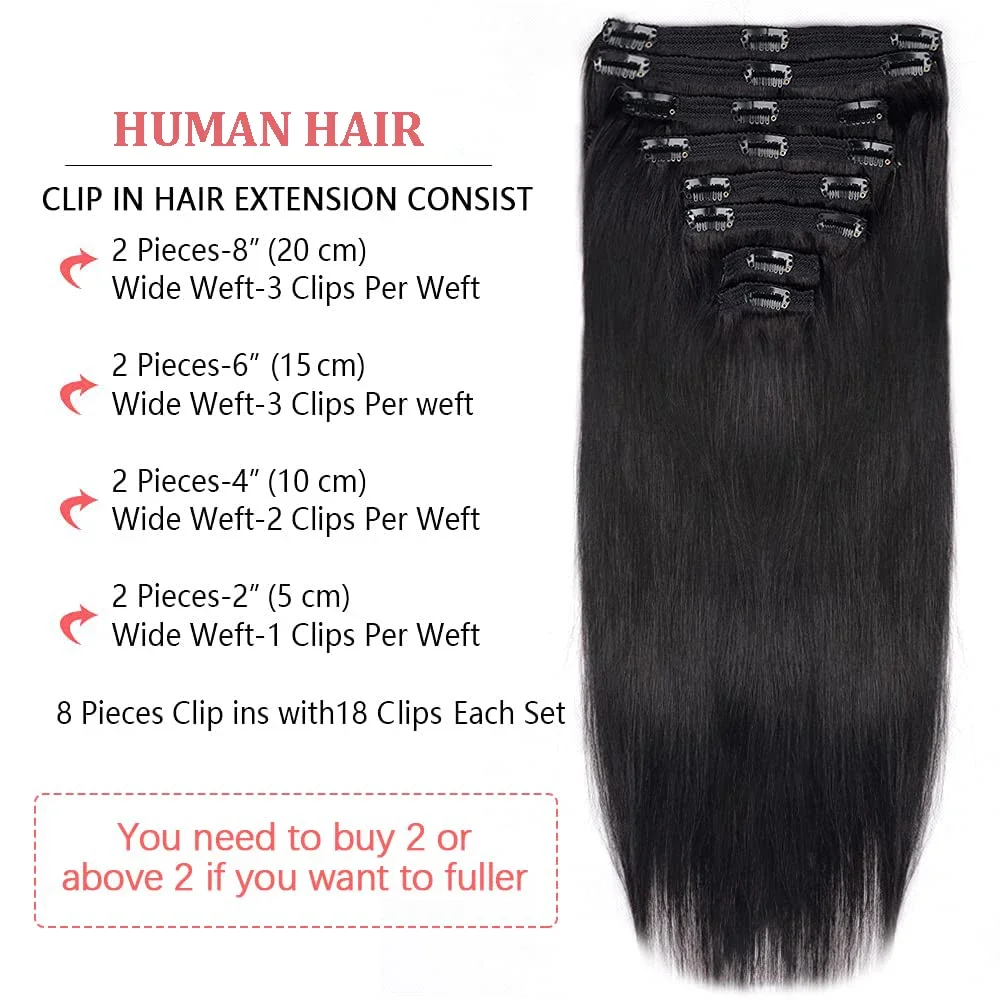 Clip-in-Extensions aus Echthaar, natürlich, glatt, 8 Stück, brasilianisches Remy-Haar, 18 Clips_voghion.com