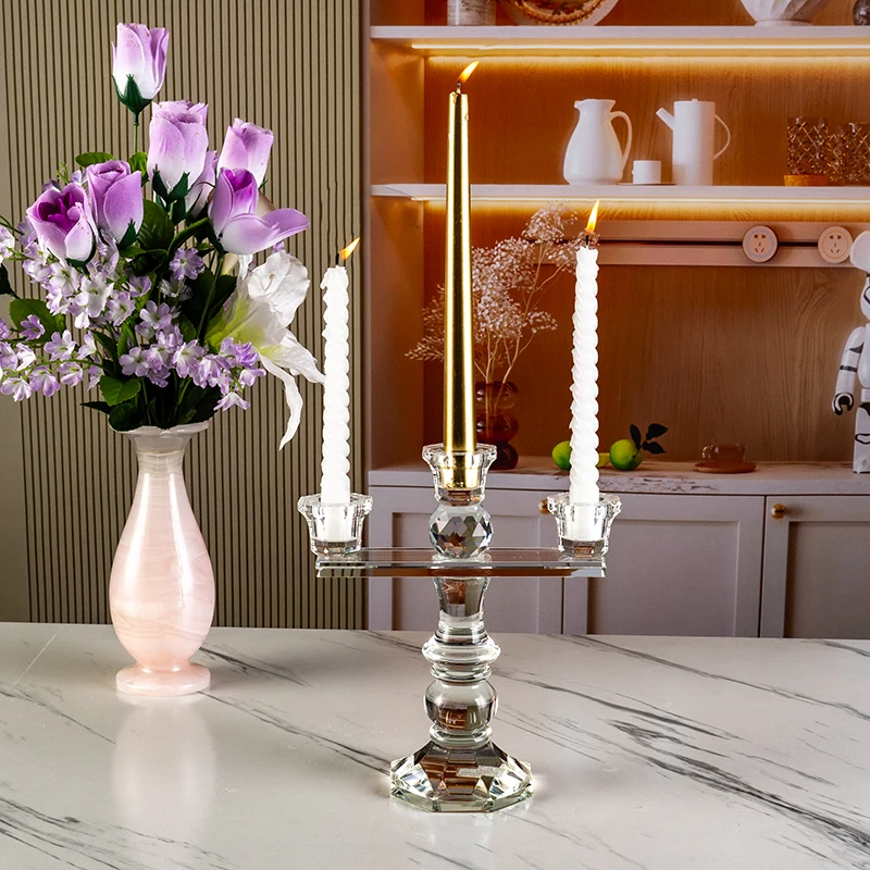 Petit Pont Cristal Porte-Bougie Maison à Trois Bras, Porte-Bougie en Verre pour Décoration de Mariage