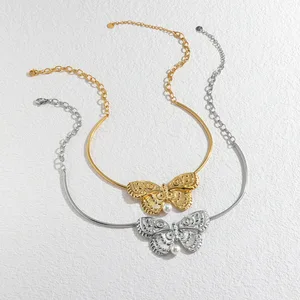 French Style Butterfly Pendant Necklace Ins Fashion Gold Stainless Steel Chunky Chain Tarnish Proof Vintage Luxury Jewelry