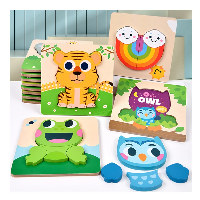 Free Custom Kids Wooden 3D Puzzle Game Jigsaw Toys For Children Cartoon Animal Wood Toddler Puzzles