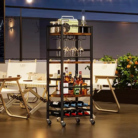 Bar Cart with 5-Tier Shelf, Mobile Kitchen Shelf with Wine Rack and Glass Holder, Mini Bar Cart for Small Spaces, Rustic Brown